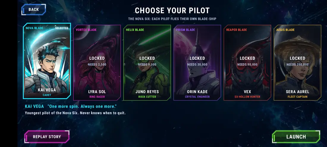 The pilot select screen