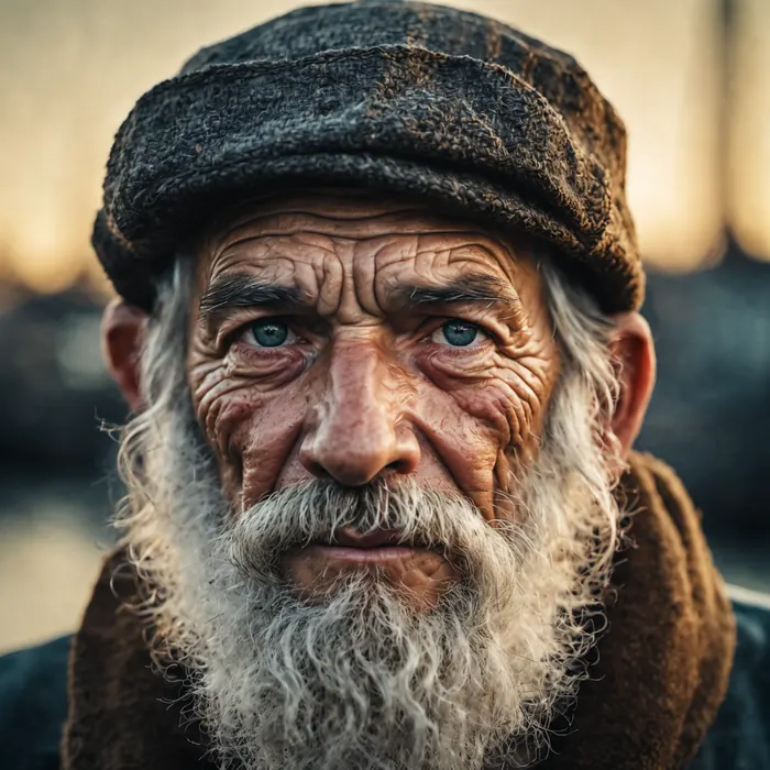Portrait of an old fisherman with a weathered face