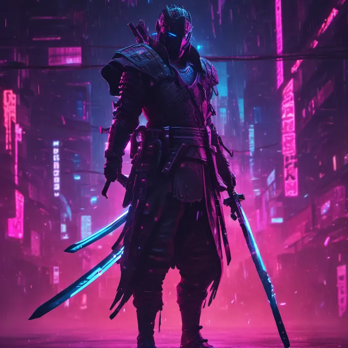 A cyberpunk samurai in neon rain