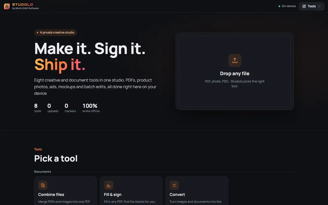 The Studiolo home screen with a drop-any-file port
