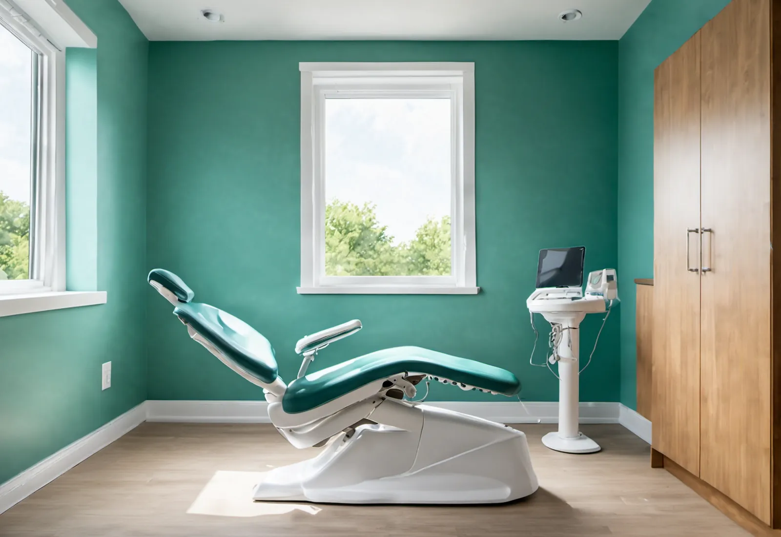 A bright, modern treatment room with a dental chair beside a large window