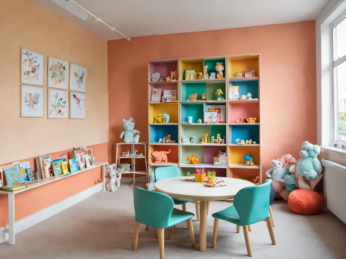 A cheerful children's corner in a waiting room with soft toys and picture books