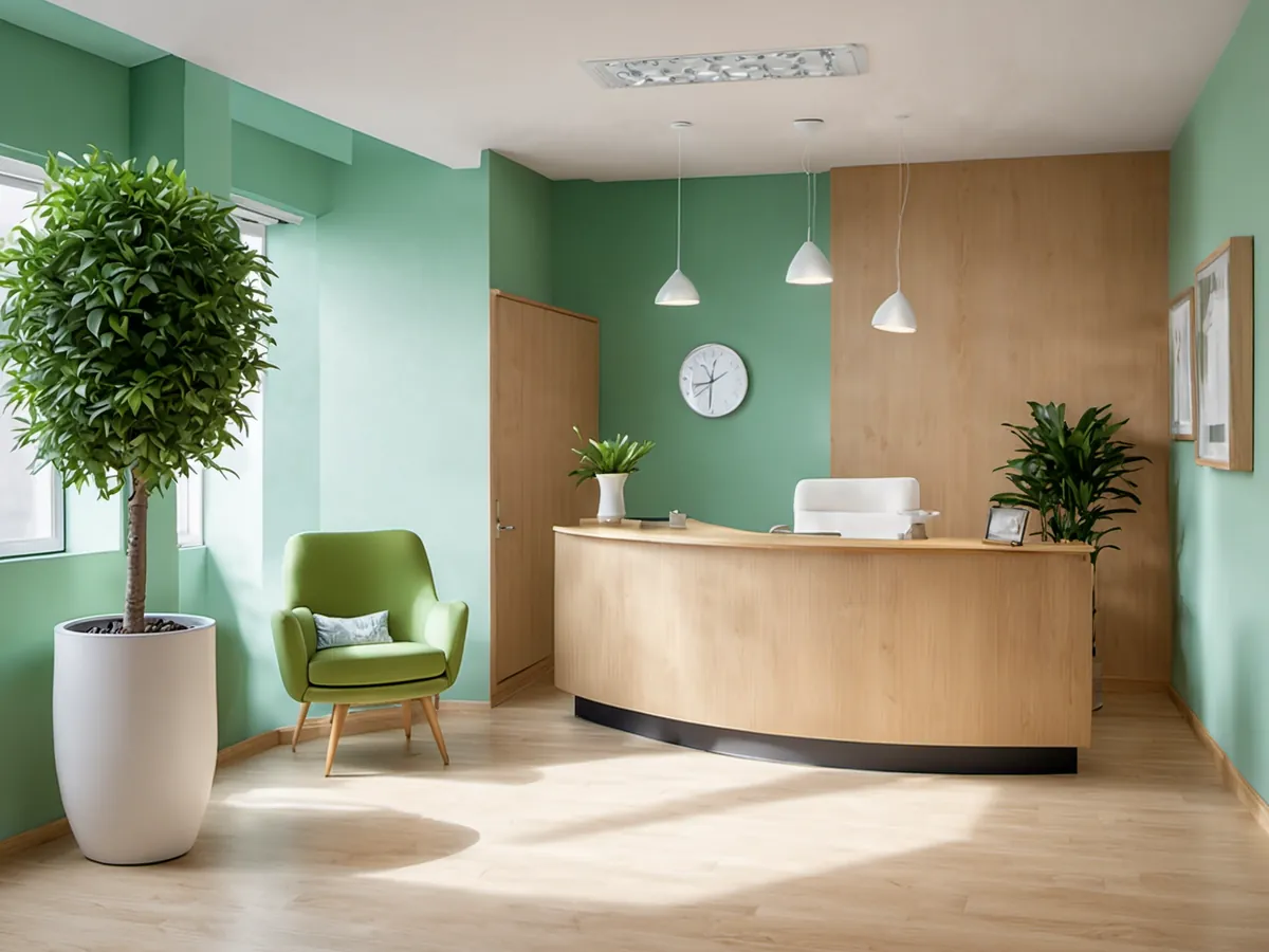 A welcoming reception area with a light wood desk and green plants