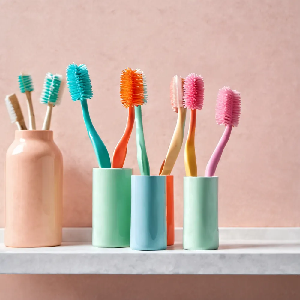 A few toothbrushes standing in a ceramic cup in soft morning light
