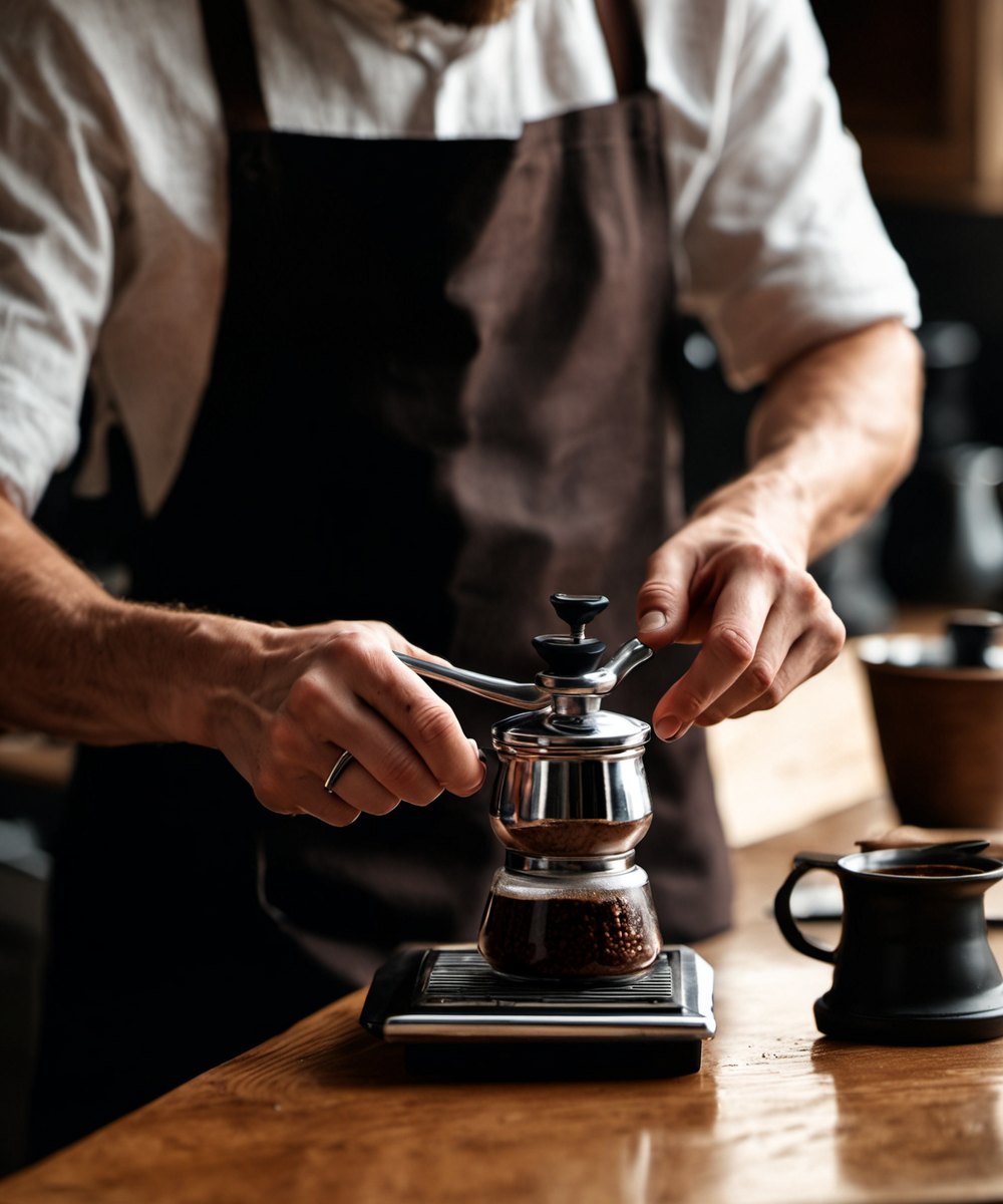 A barista's hands tamping fresh espresso grounds into a portafilter