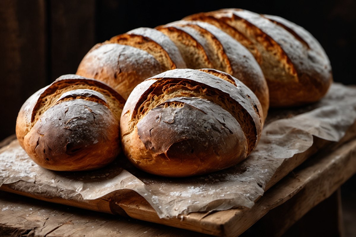 Crusty sourdough loaves cooling on a wooden rack