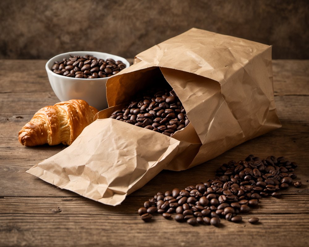 Freshly roasted coffee beans spilling from a paper bag beside a pastry box