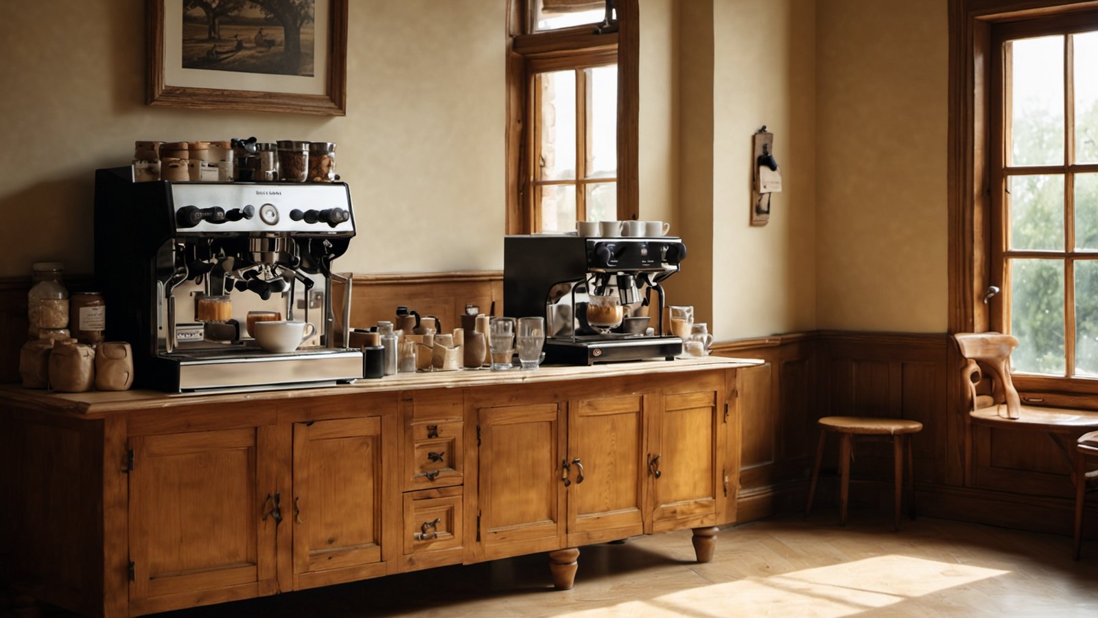 The Ember & Oak coffee bar in warm morning light, with the espresso machine and pastry counter