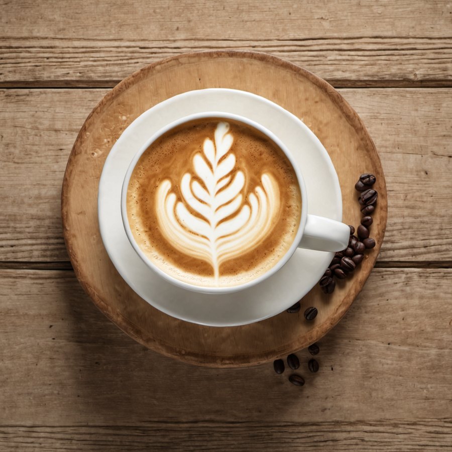 A latte with a rosetta poured in the foam, on a wooden table