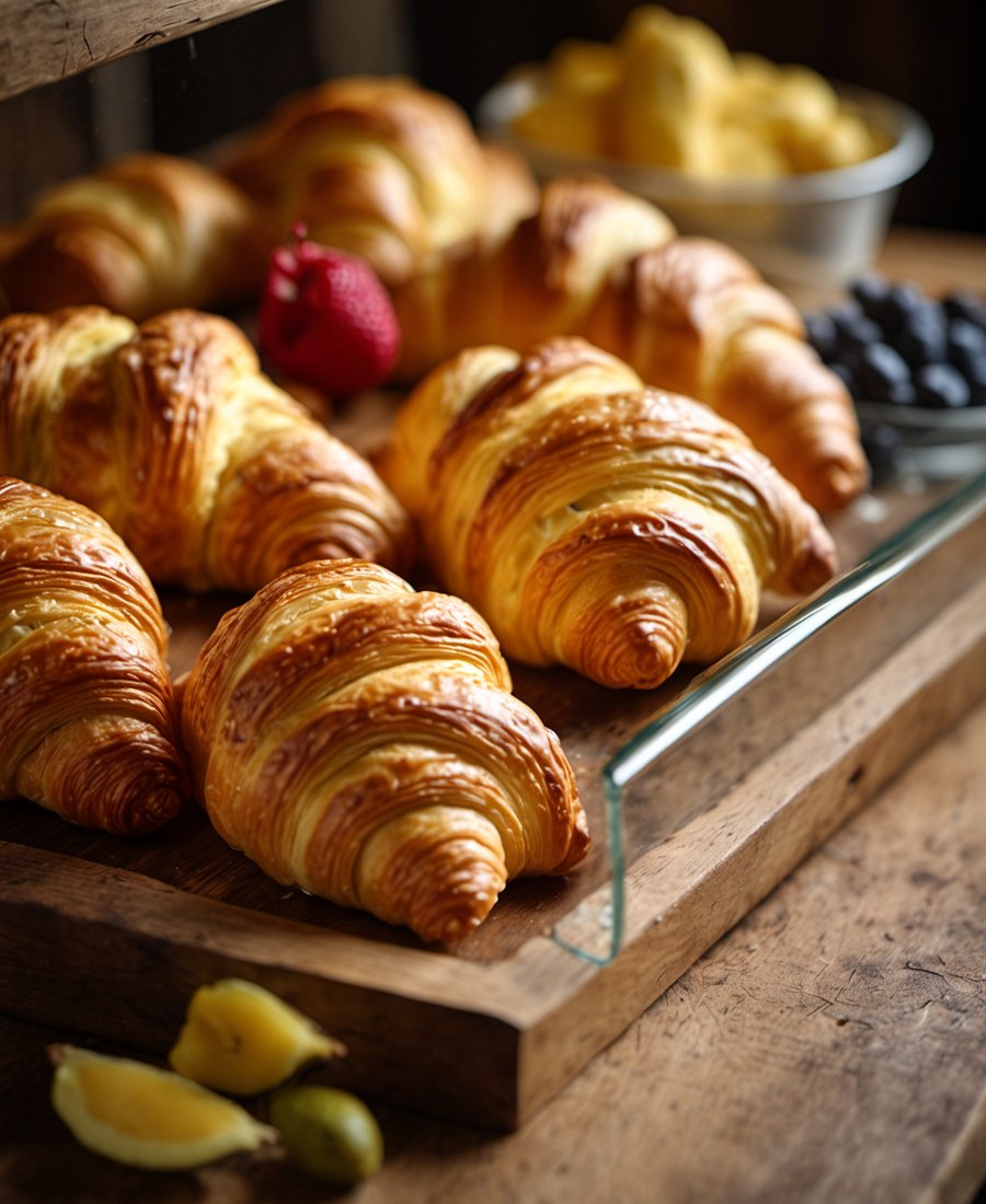 A glass pastry case filled with croissants, cinnamon knots and fruit danishes