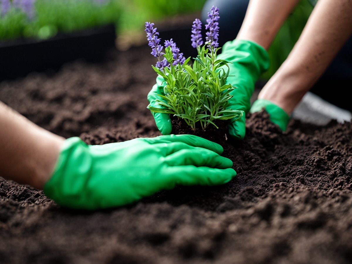 Gloved hands planting a young lavender plant into dark soil