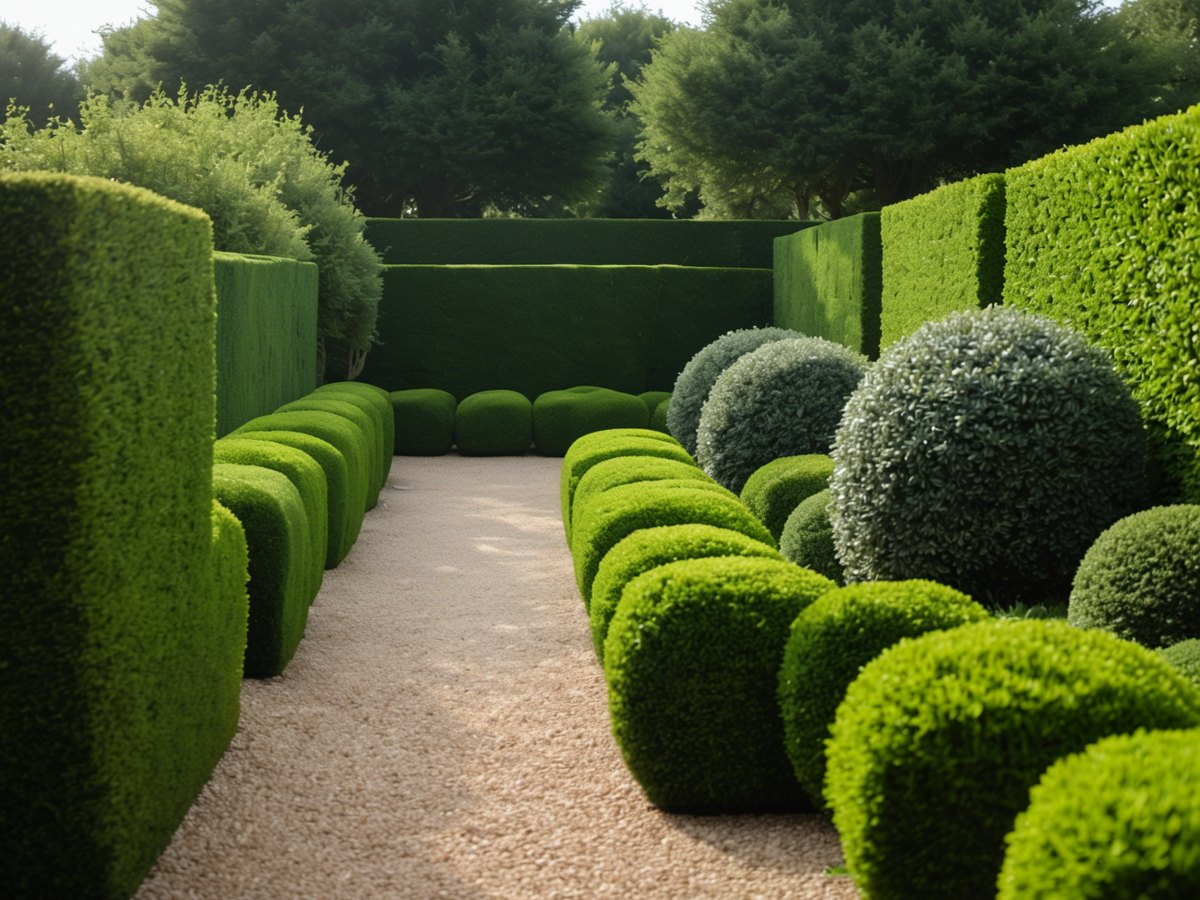 Neatly trimmed hedges framing a garden path
