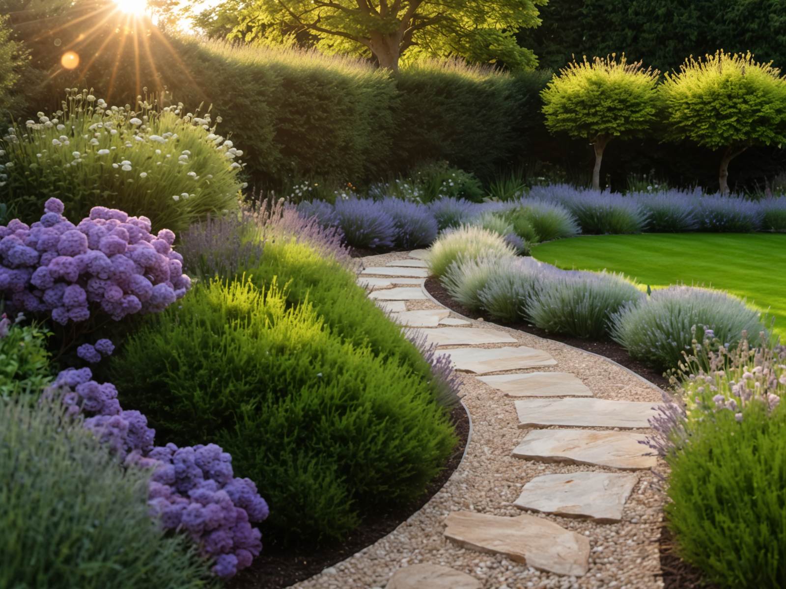 A lush designed back garden at golden hour, with curved borders, a stone path and a striped lawn