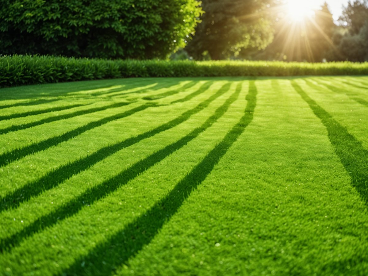 A freshly mown lawn with neat stripes beside a flower border