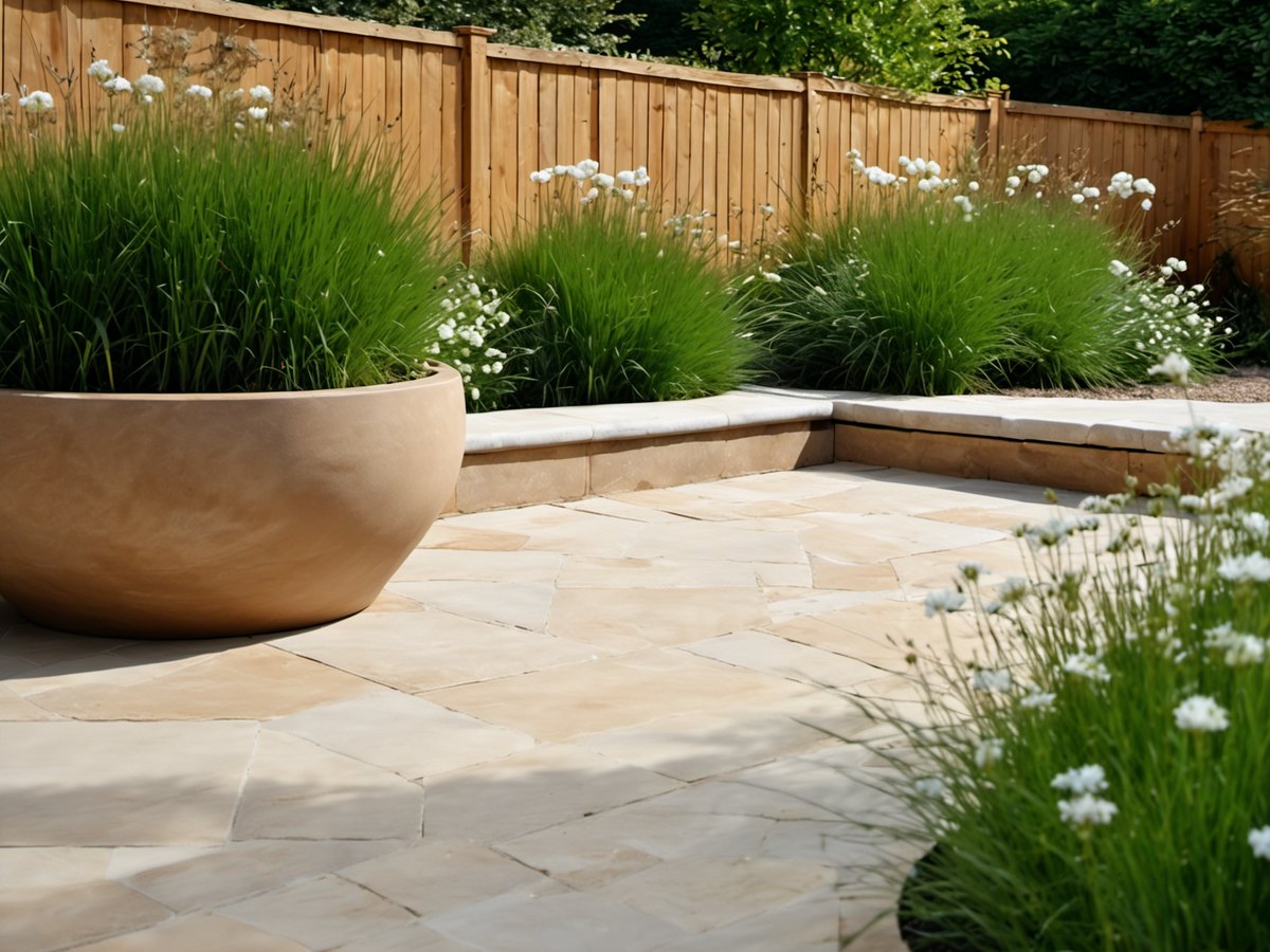 A natural stone patio with large planters of grasses and flowers