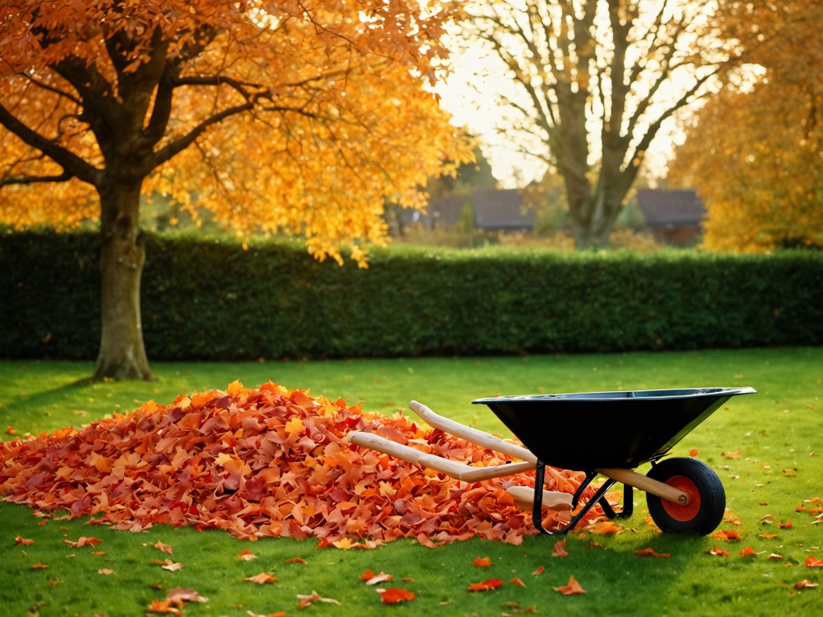 Autumn leaves raked into a neat pile on a lawn, with a wheelbarrow nearby