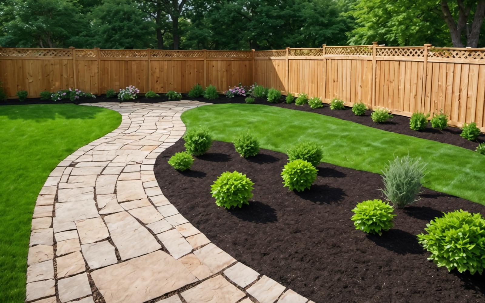 After: the same back yard with a tidy lawn, stone path and planted borders