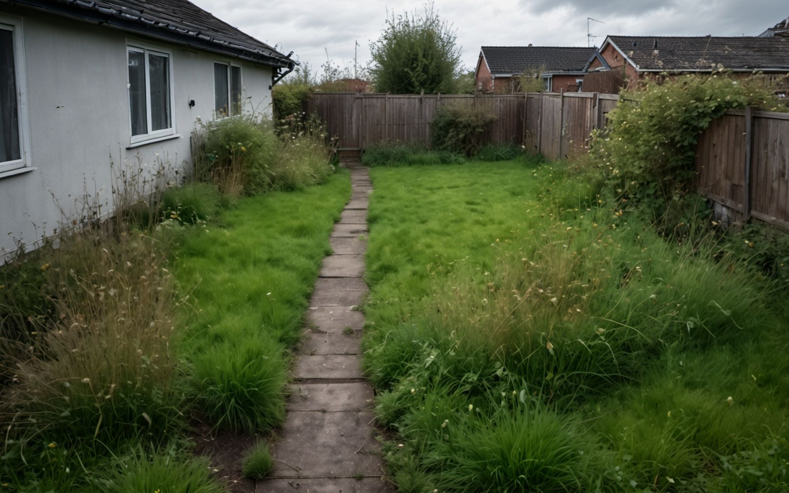 Before: an overgrown back yard with long grass, weeds and brambles