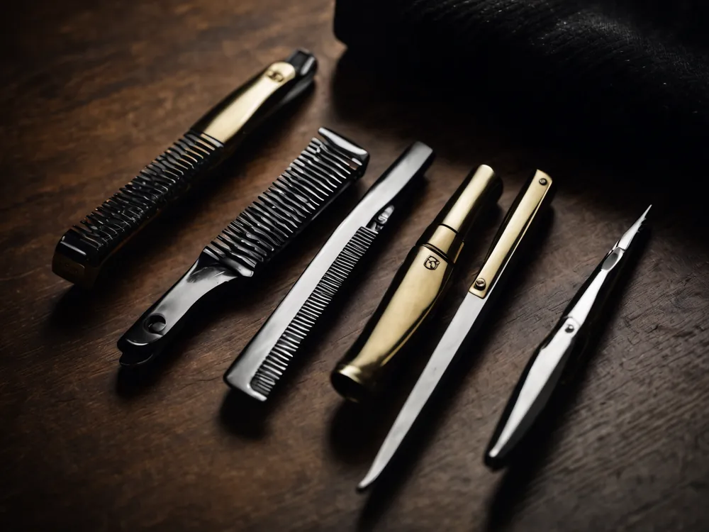 Clippers, combs and a brush laid out on a dark wooden counter