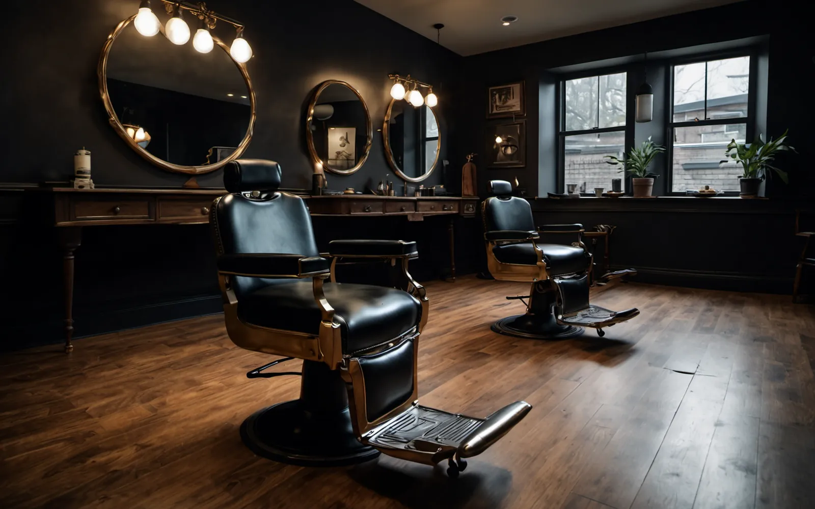 Inside the shop: a row of black leather barber chairs under warm lights