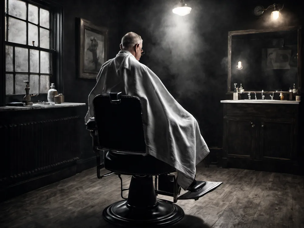 A barber wraps a hot towel during a shave, seen from behind the chair
