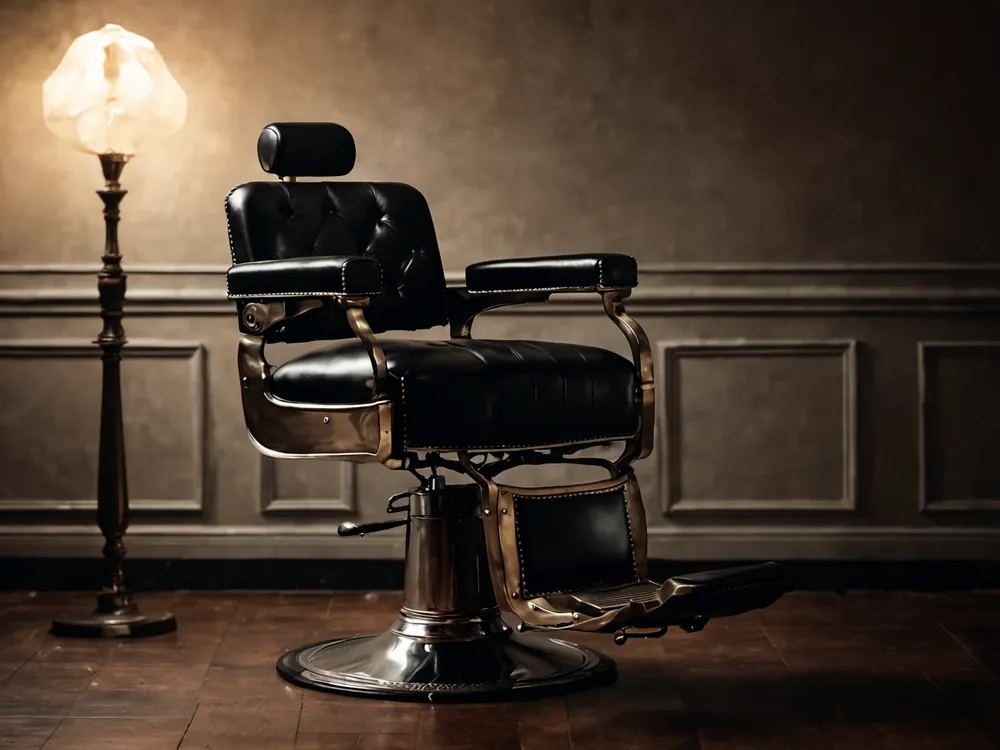 Close-up of a black leather barber chair with brass trim