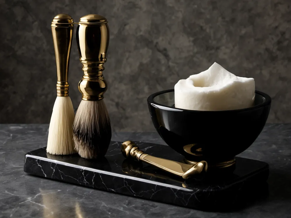 A straight razor, shaving brush and lather bowl on a marble shelf