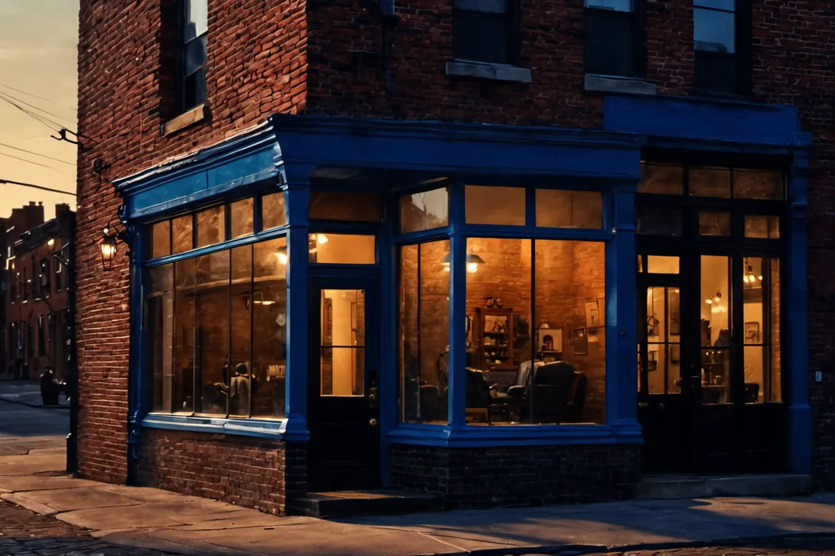 The shopfront at dusk, warm light through the big front window