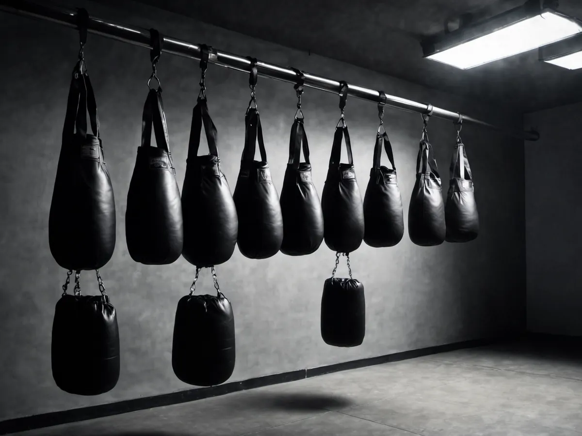 Heavy boxing bags hanging in a row under spotlights