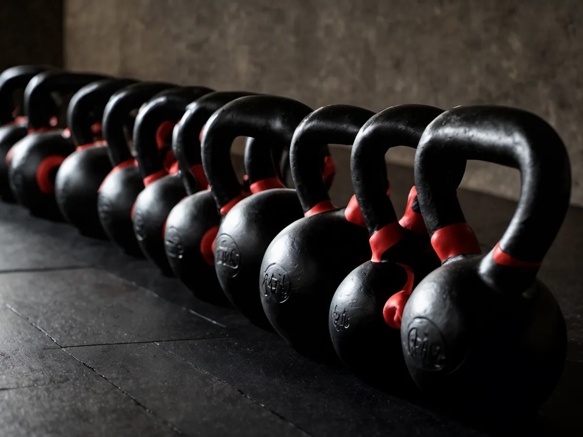 Kettlebells lined up beside coiled battle ropes