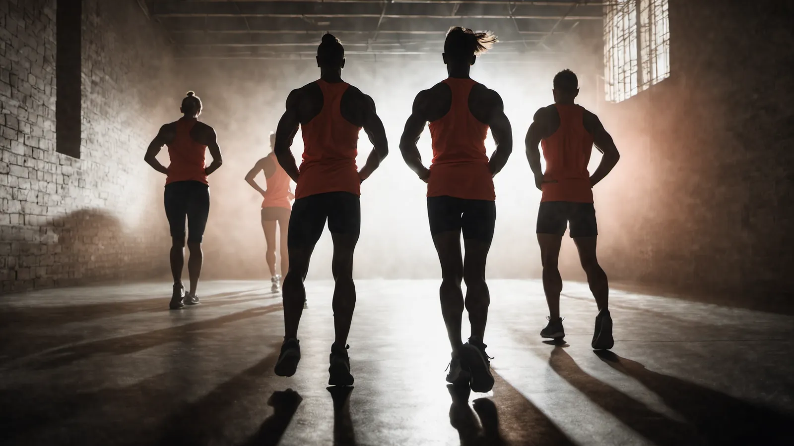Silhouettes of people training seen from behind, blurred with motion