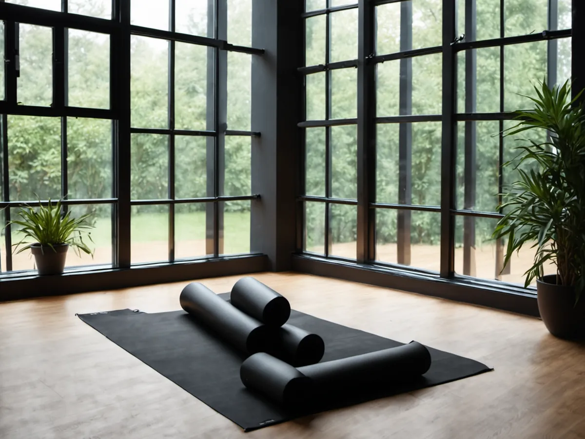 A calm stretching area with mats and foam rollers in soft light