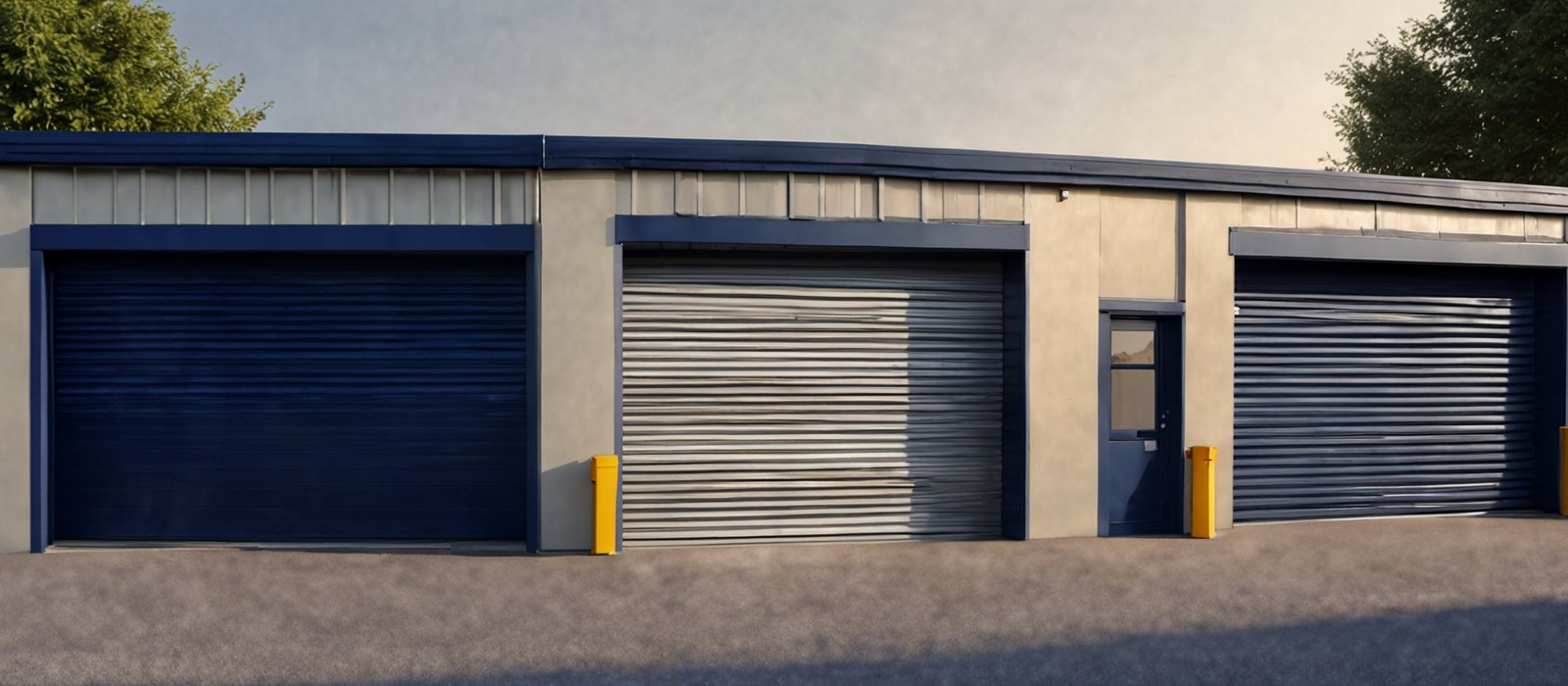 Garage front with open roller doors in early morning light