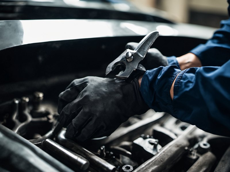 Mechanic's gloved hands turning a wrench under a car