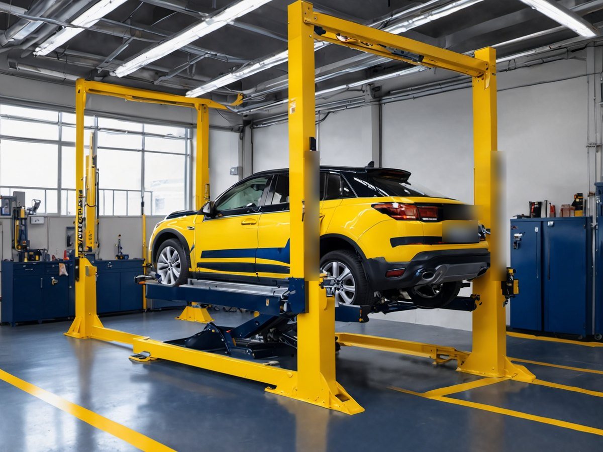 Clean workshop bay with a car raised on a lift